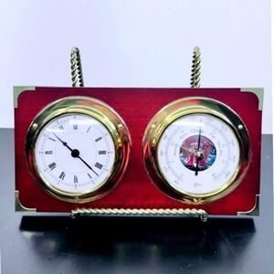 Vintage Barigo Germany Weather Station Mahogany Wood Brass Clock Barometer